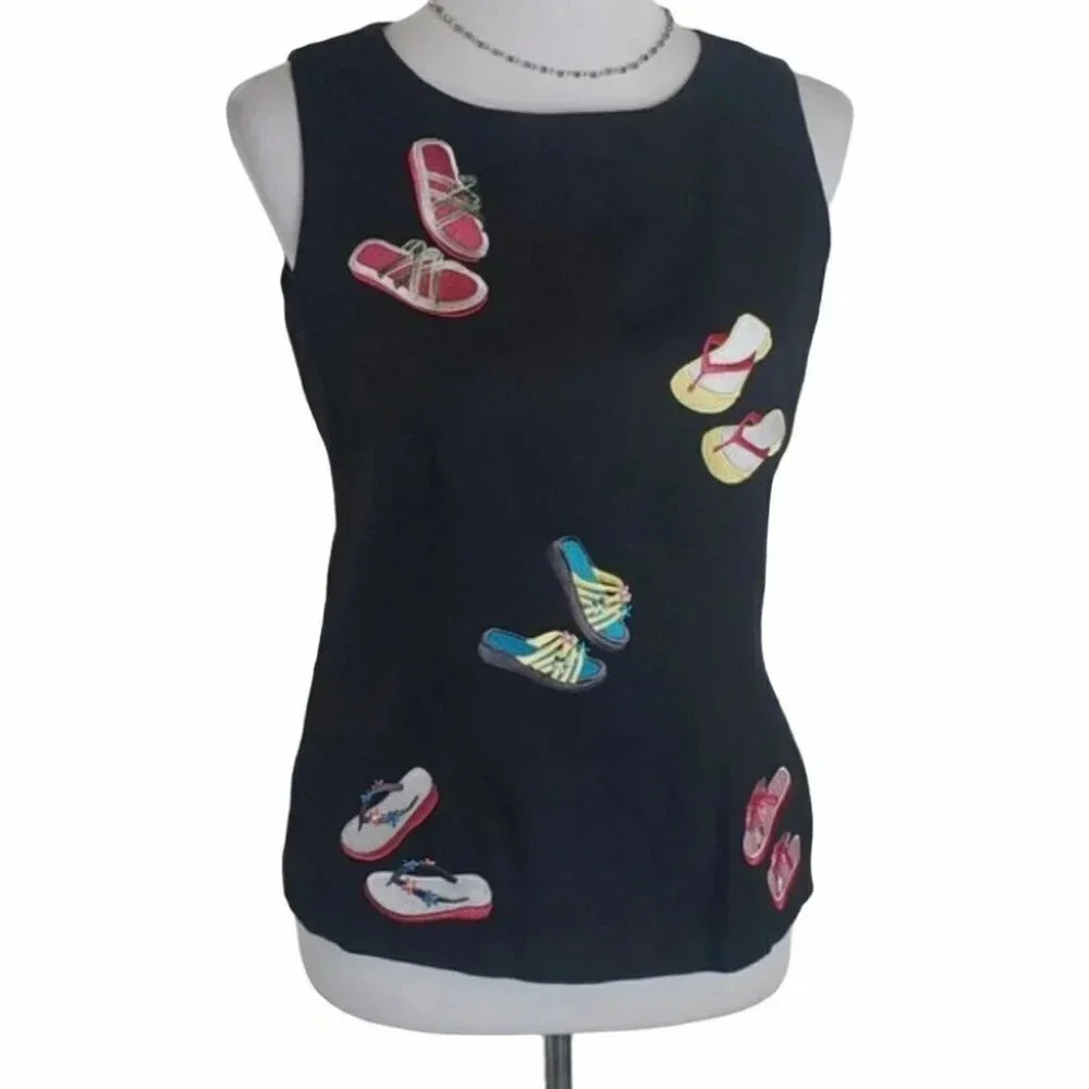 Ultra Dress 6P‎ black linen blend sleeveless embroidered flip flops top